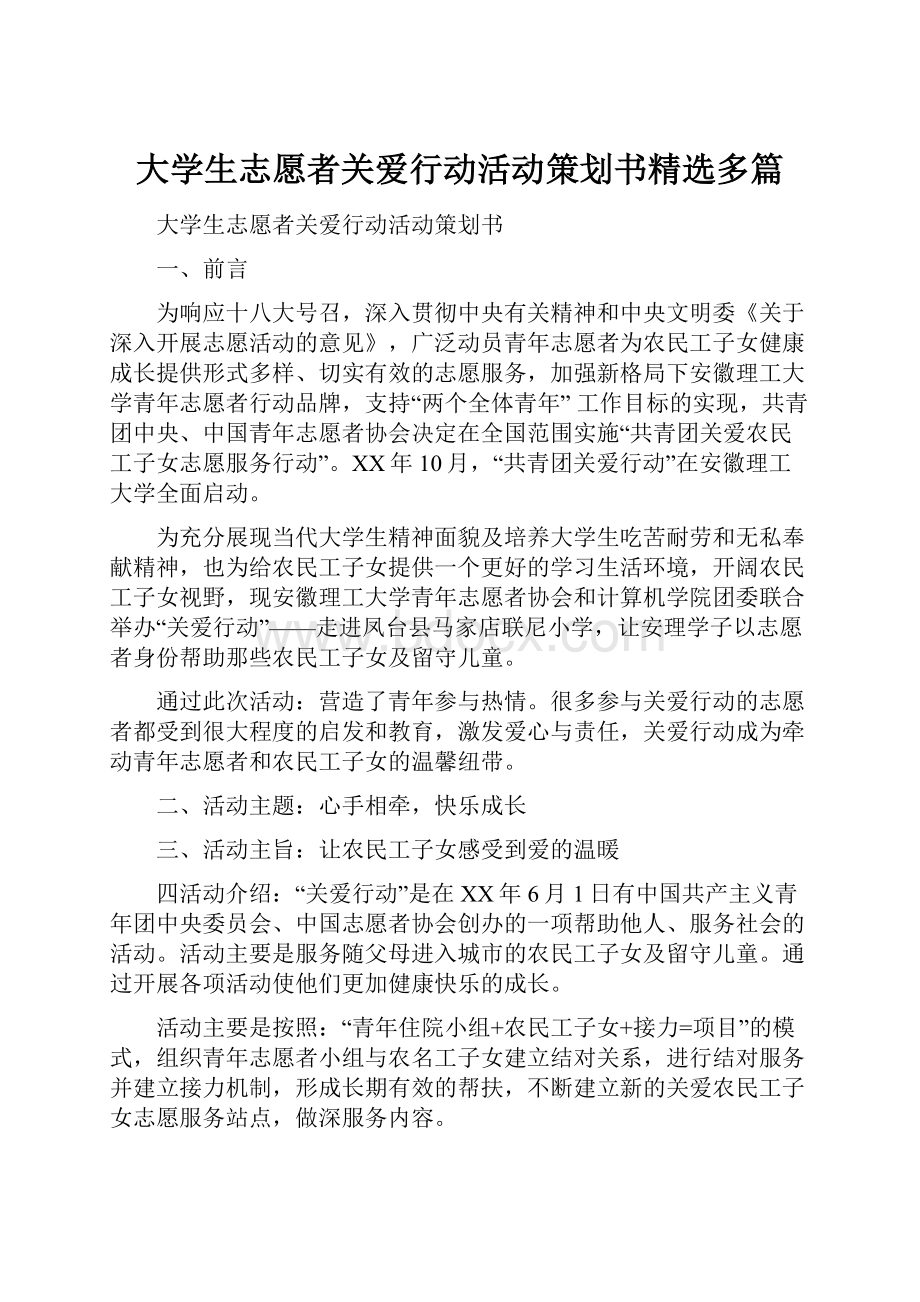 大学生志愿者关爱行动活动策划书精选多篇.docx