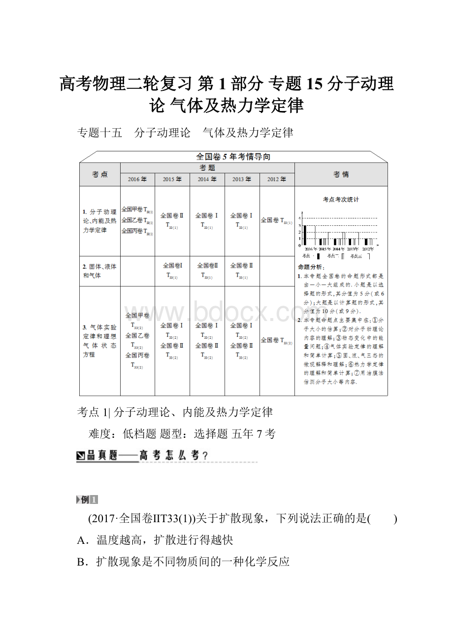 高考物理二轮复习 第1部分 专题15 分子动理论 气体及热力学定律.docx_第1页