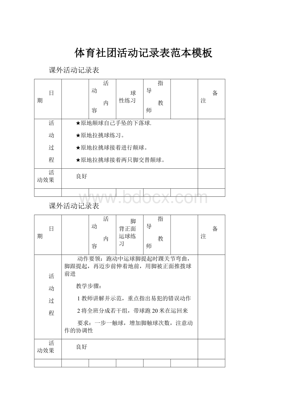 体育社团活动记录表范本模板.docx_第1页