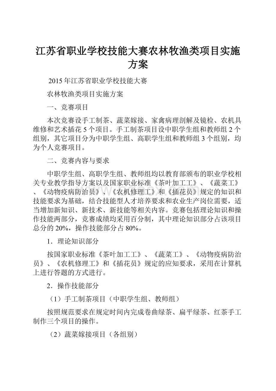 江苏省职业学校技能大赛农林牧渔类项目实施方案Word文档格式.docx