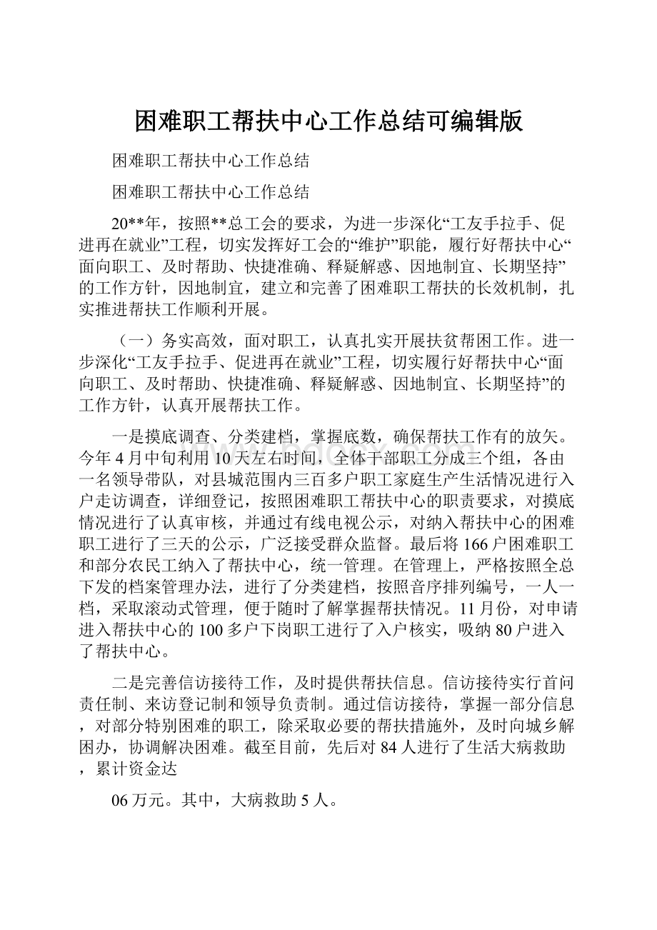 困难职工帮扶中心工作总结可编辑版.docx_第1页