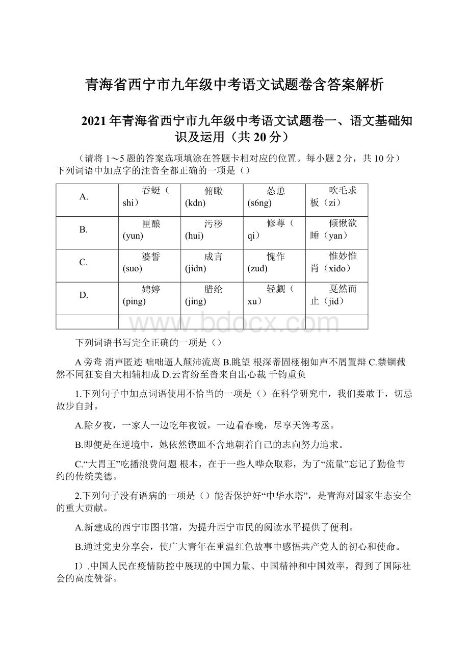 青海省西宁市九年级中考语文试题卷含答案解析.docx_第1页