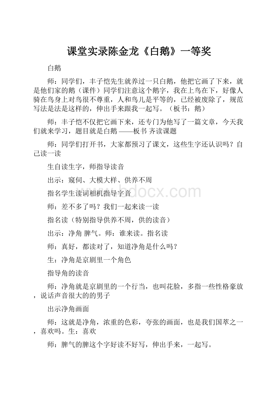 课堂实录陈金龙《白鹅》一等奖Word格式.docx_第1页