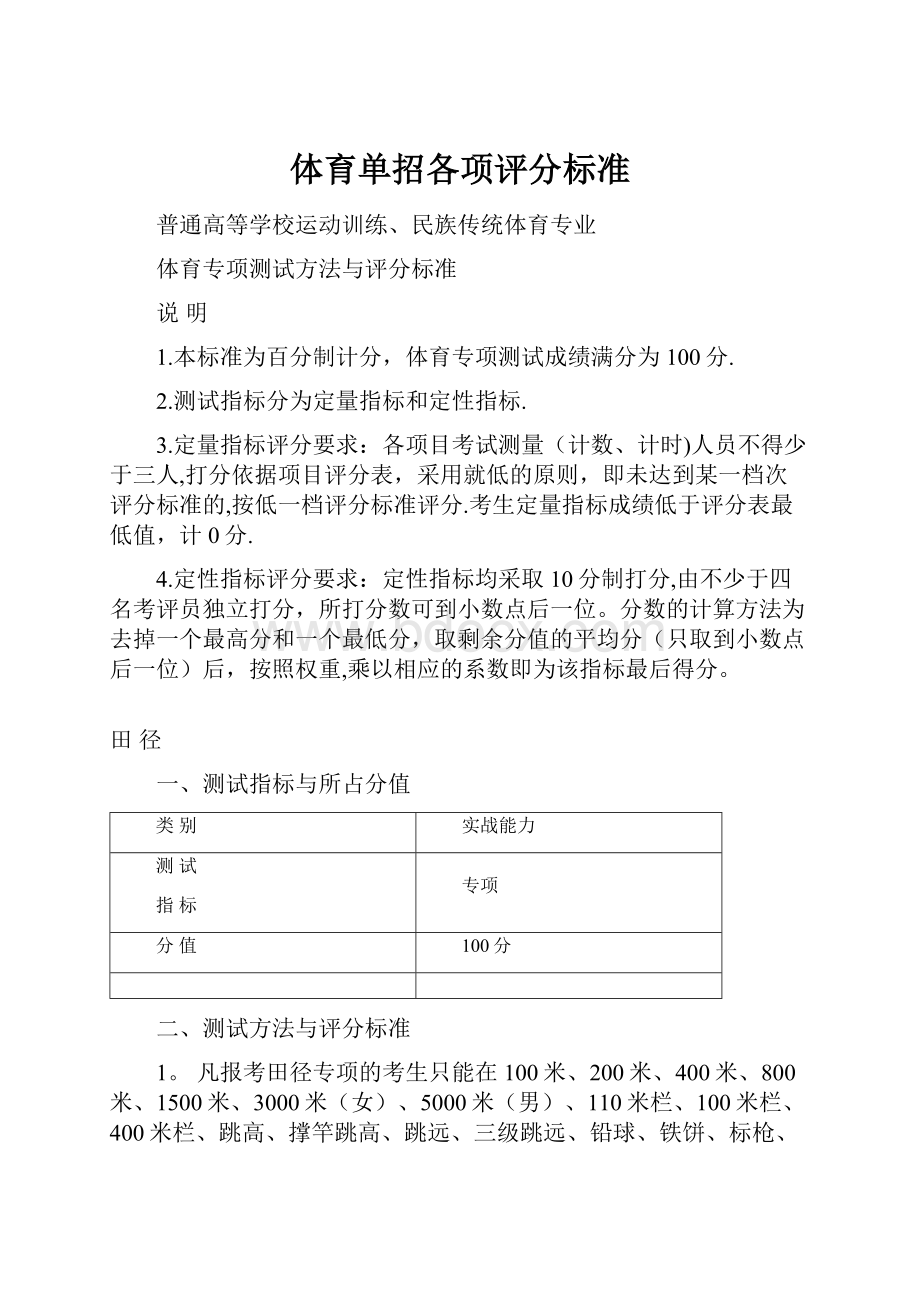 体育单招各项评分标准Word格式文档下载.docx