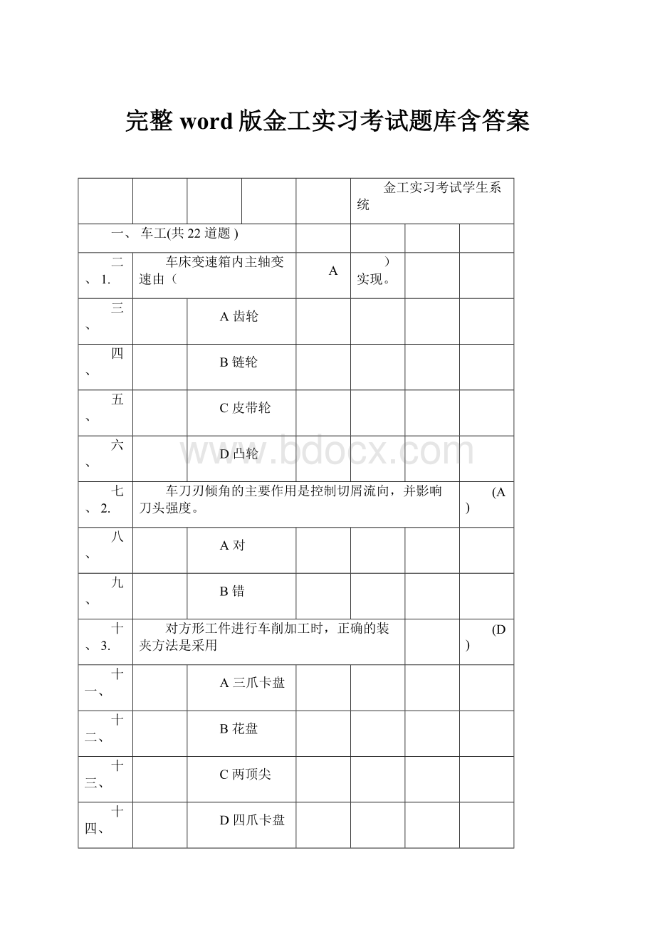 完整word版金工实习考试题库含答案.docx