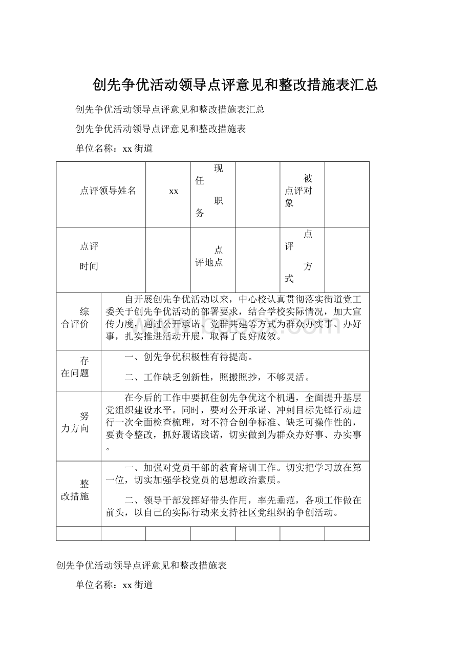 创先争优活动领导点评意见和整改措施表汇总Word下载.docx