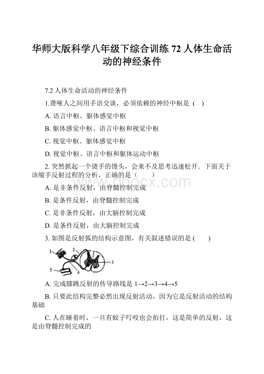 华师大版科学八年级下综合训练72人体生命活动的神经条件Word文档下载推荐.docx_第1页