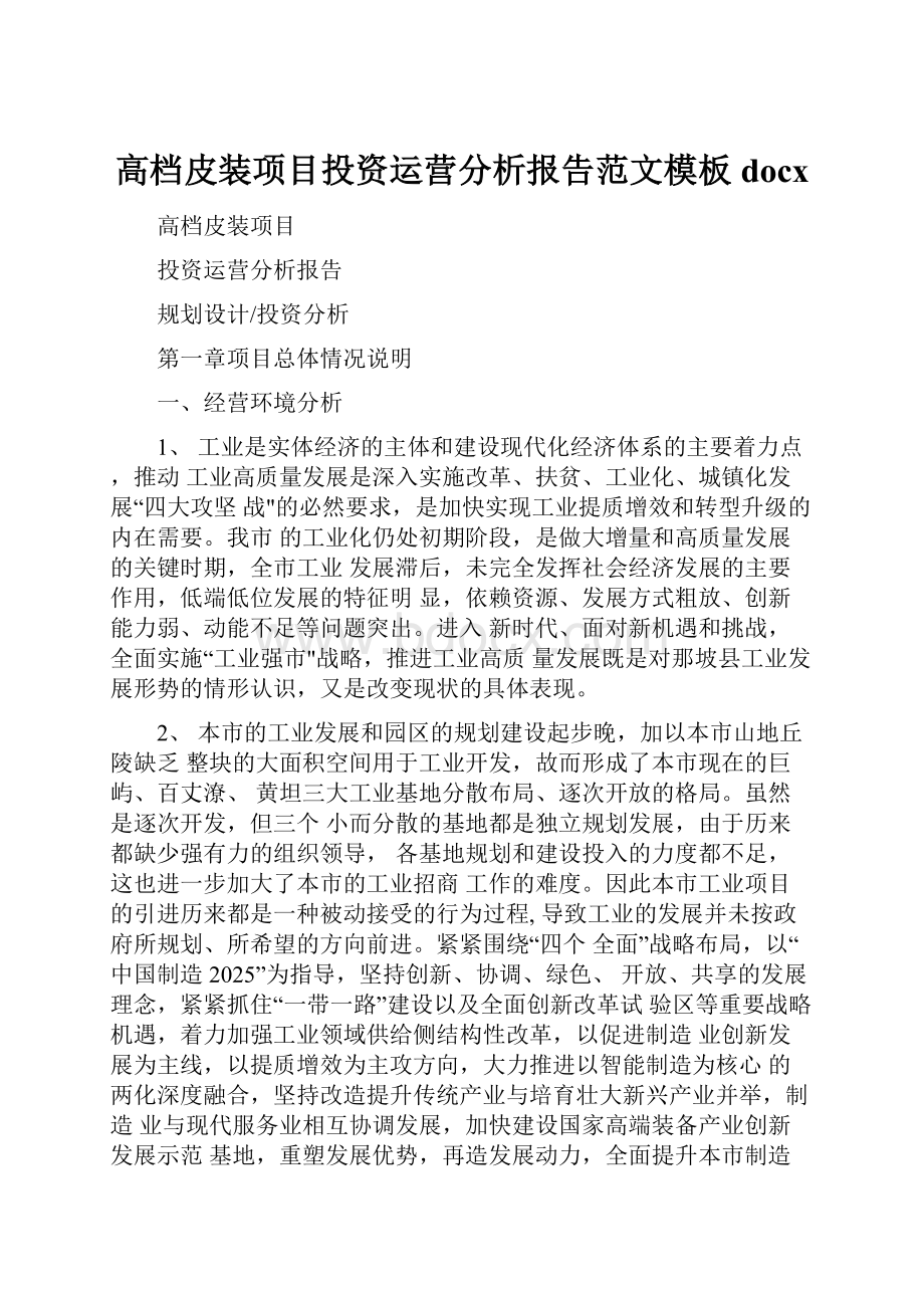 高档皮装项目投资运营分析报告范文模板docxWord文档格式.docx