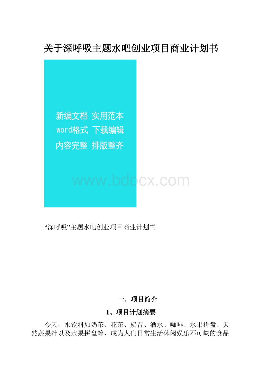 关于深呼吸主题水吧创业项目商业计划书Word文档格式.docx