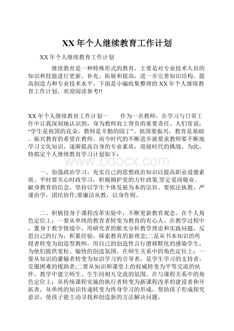 XX年个人继续教育工作计划.docx_第1页