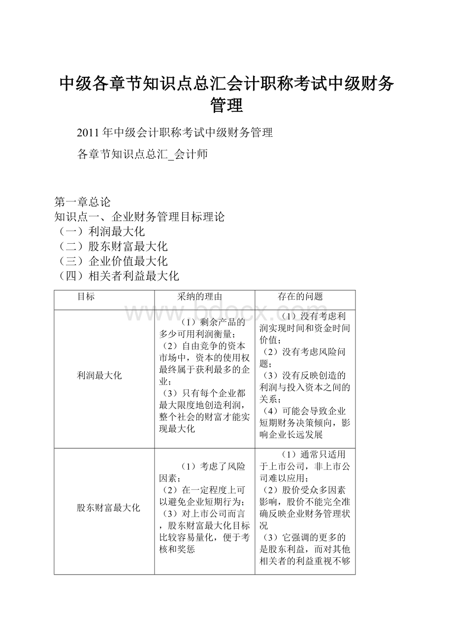 中级各章节知识点总汇会计职称考试中级财务管理Word格式.docx_第1页