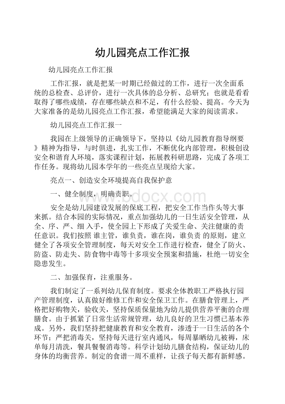 幼儿园亮点工作汇报Word文档下载推荐.docx