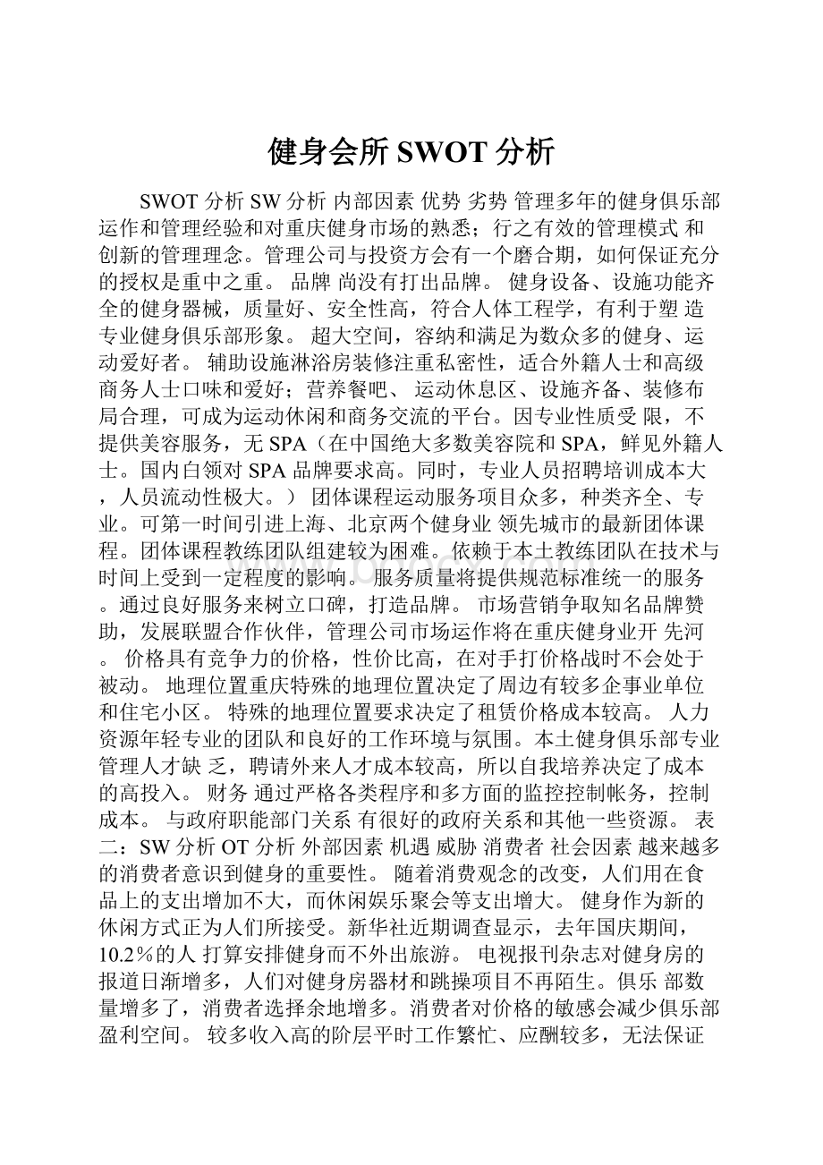 健身会所SWOT分析Word文档格式.docx