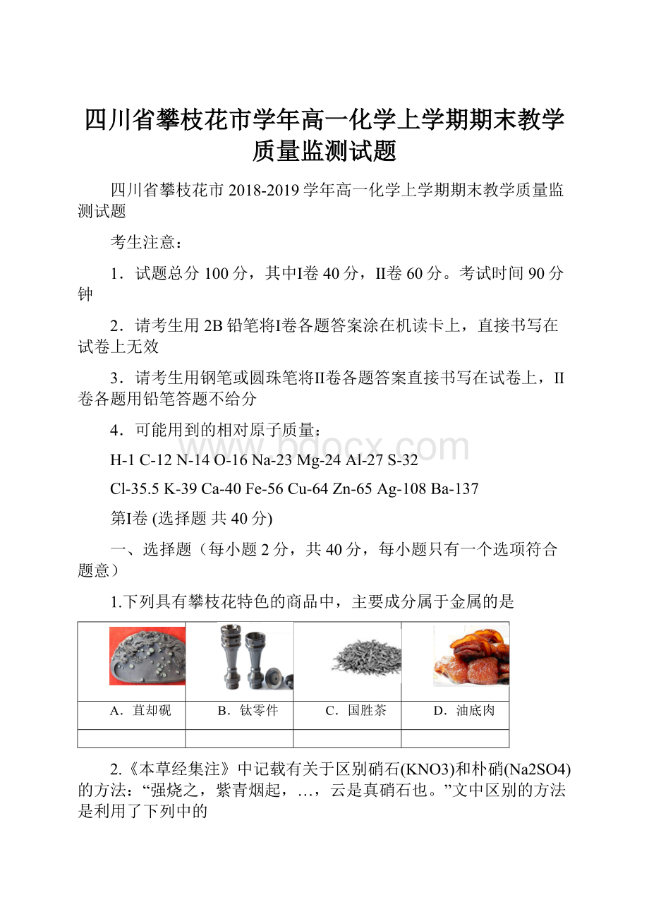 四川省攀枝花市学年高一化学上学期期末教学质量监测试题.docx