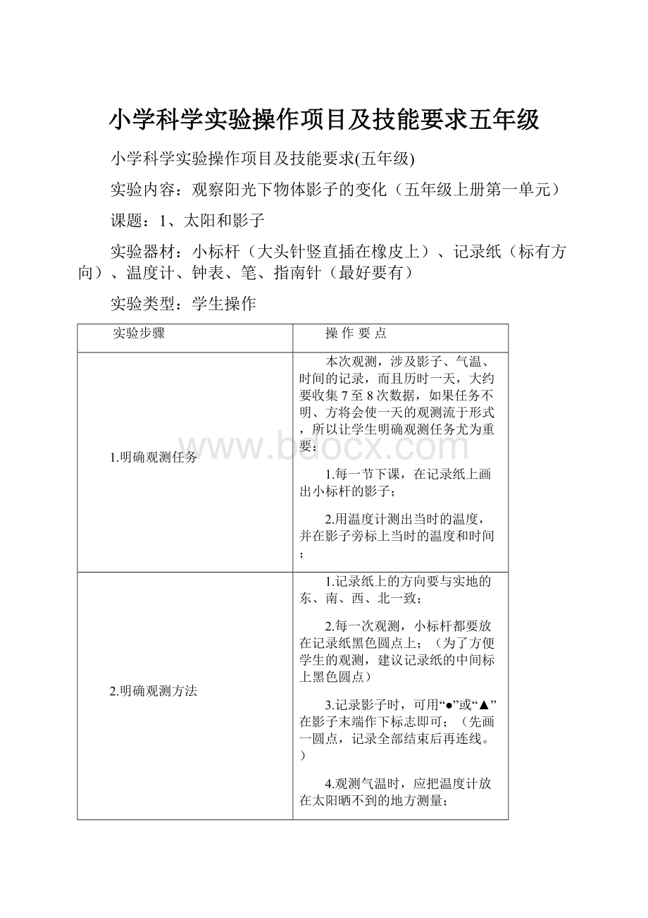 小学科学实验操作项目及技能要求五年级.docx_第1页