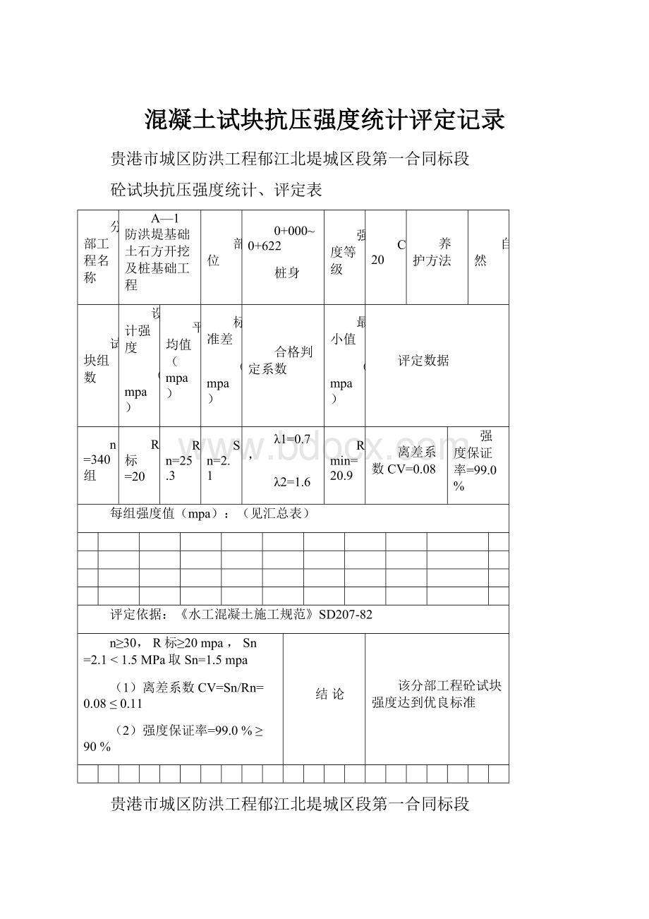 混凝土试块抗压强度统计评定记录.docx_第1页