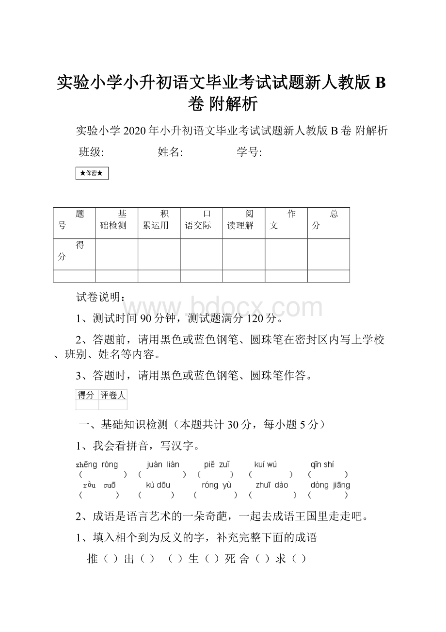 实验小学小升初语文毕业考试试题新人教版B卷 附解析.docx