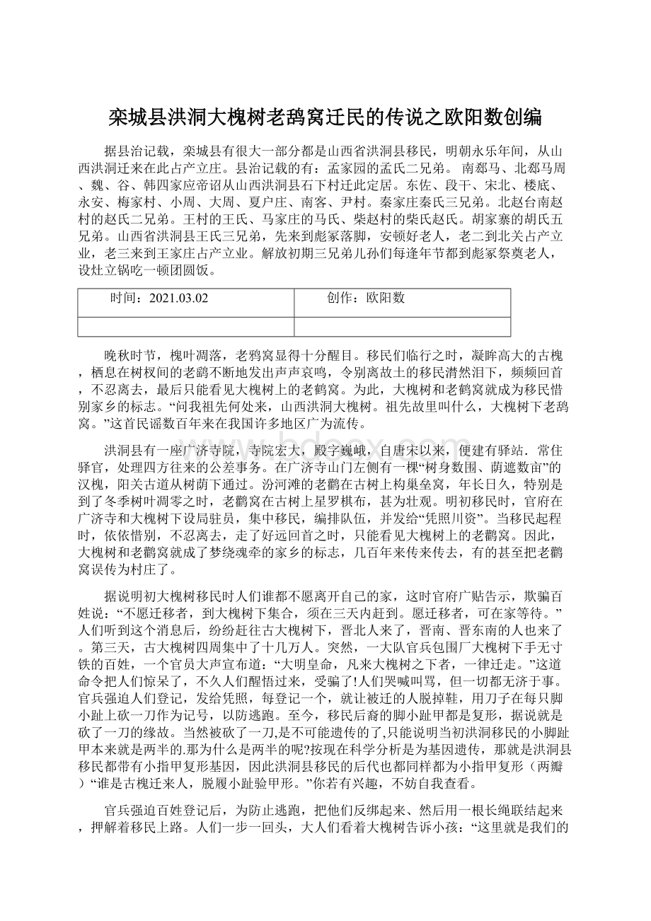 栾城县洪洞大槐树老鸹窝迁民的传说之欧阳数创编.docx_第1页