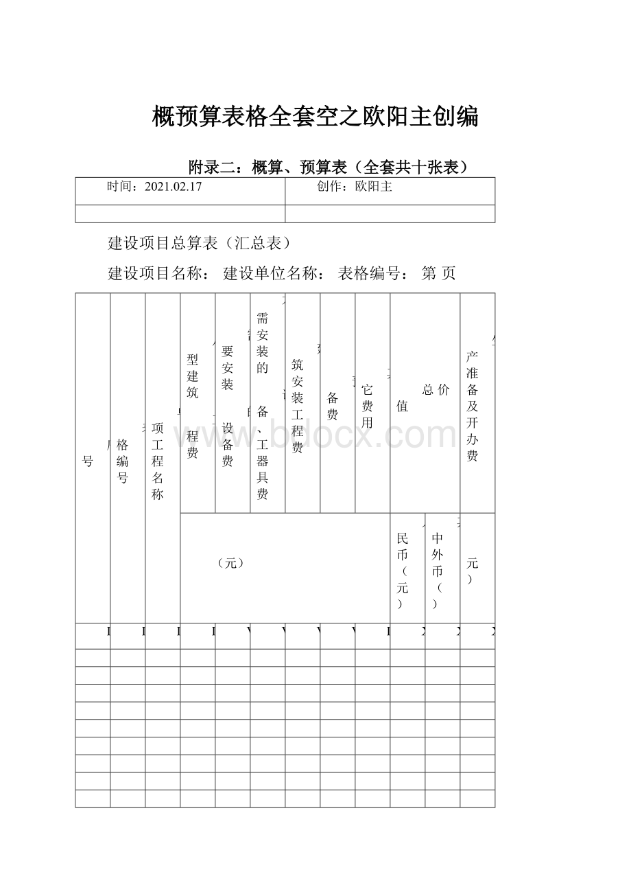 概预算表格全套空之欧阳主创编Word文件下载.docx