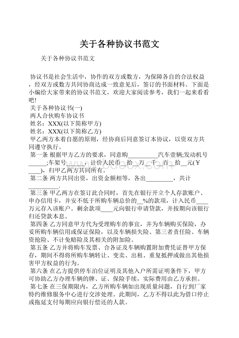 关于各种协议书范文Word格式文档下载.docx