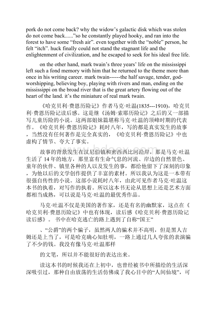 哈克贝利费恩历险记读后感Word格式.docx_第2页