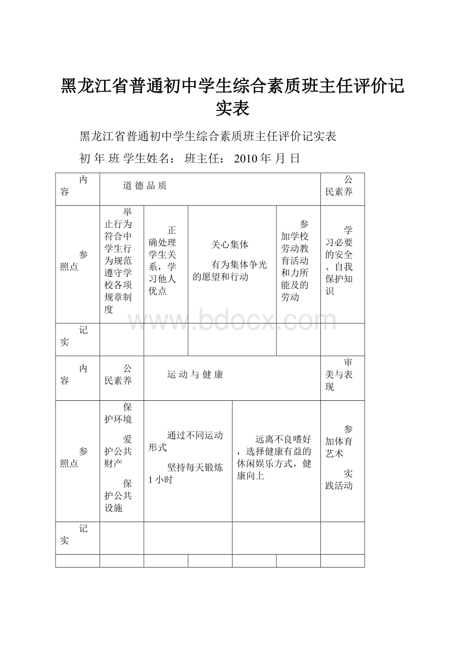 黑龙江省普通初中学生综合素质班主任评价记实表.docx_第1页