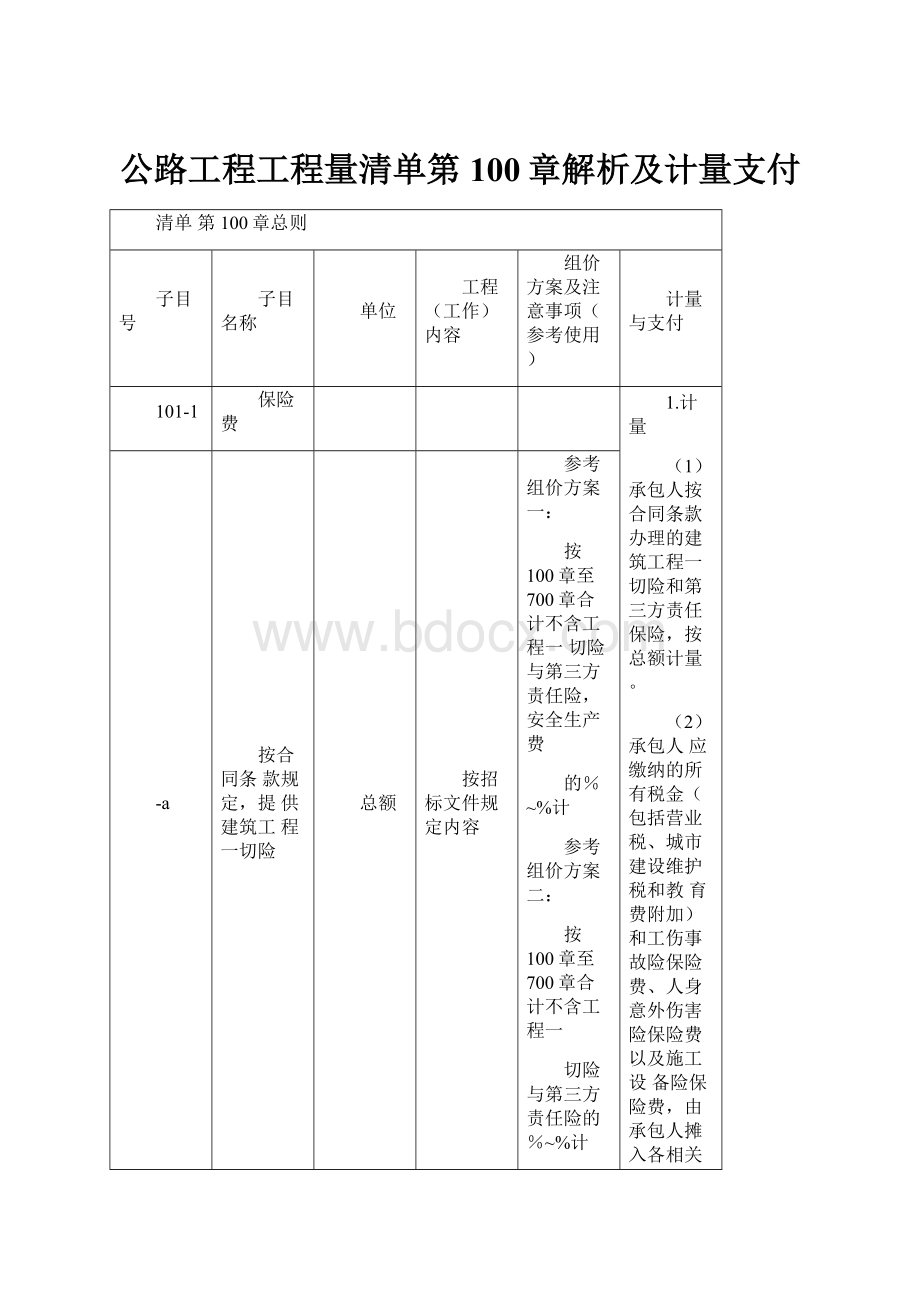 公路工程工程量清单第100章解析及计量支付Word文档格式.docx_第1页