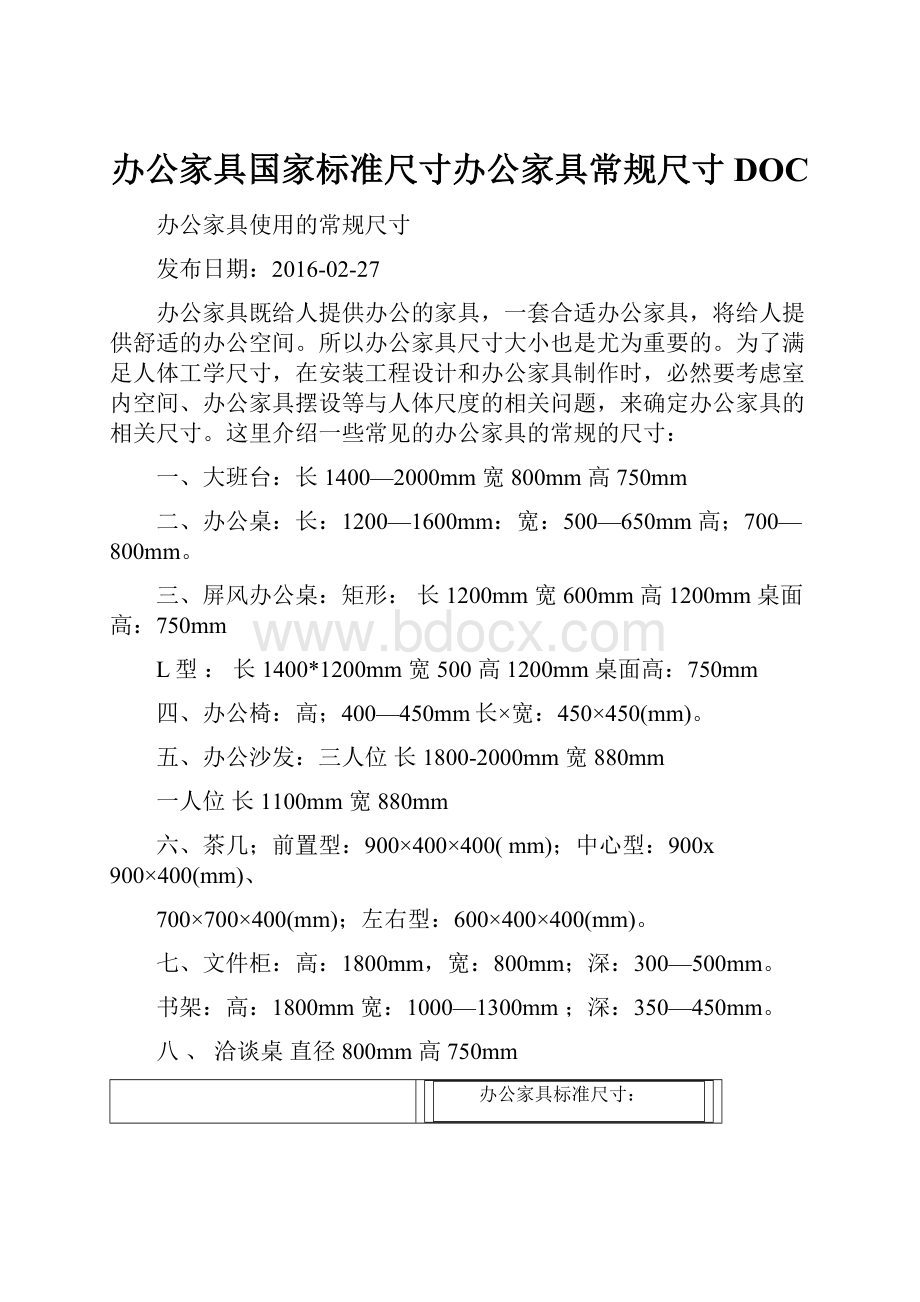 办公家具国家标准尺寸办公家具常规尺寸DOC.docx