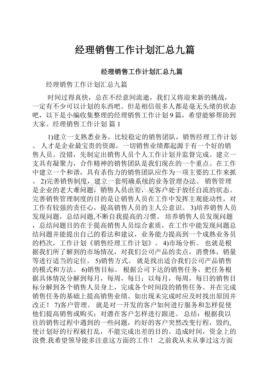 经理销售工作计划汇总九篇.docx_第1页