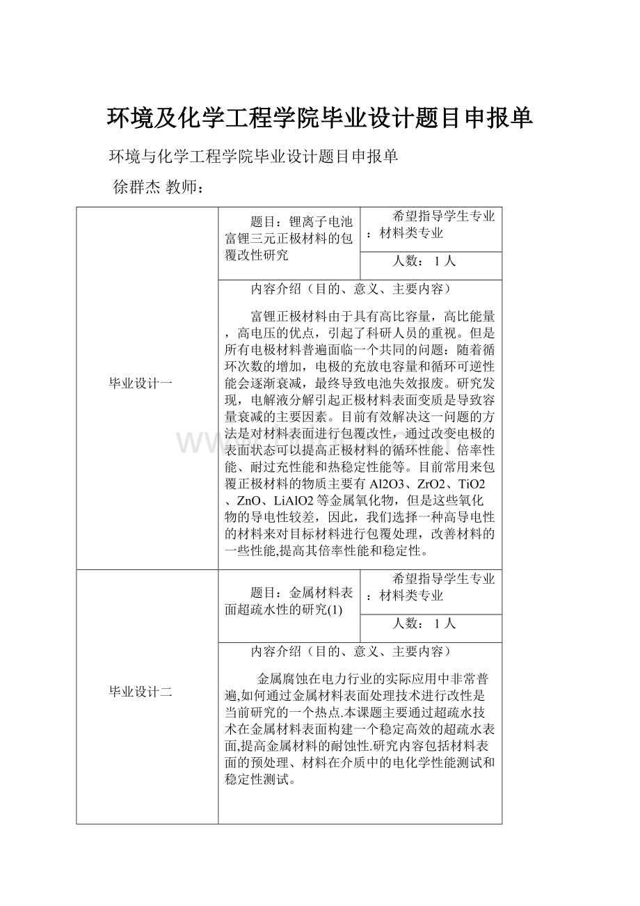 环境及化学工程学院毕业设计题目申报单.docx