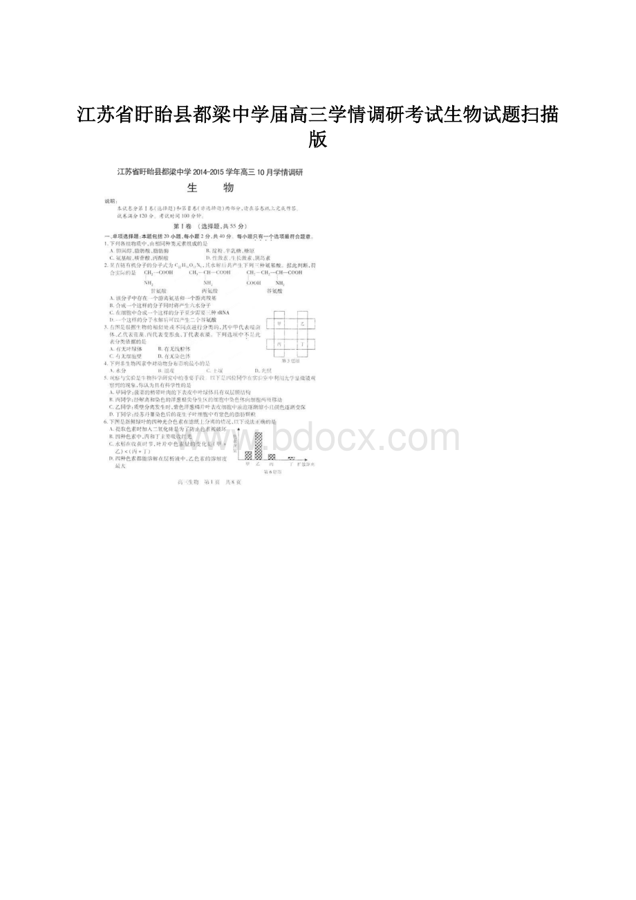 江苏省盱眙县都梁中学届高三学情调研考试生物试题扫描版.docx