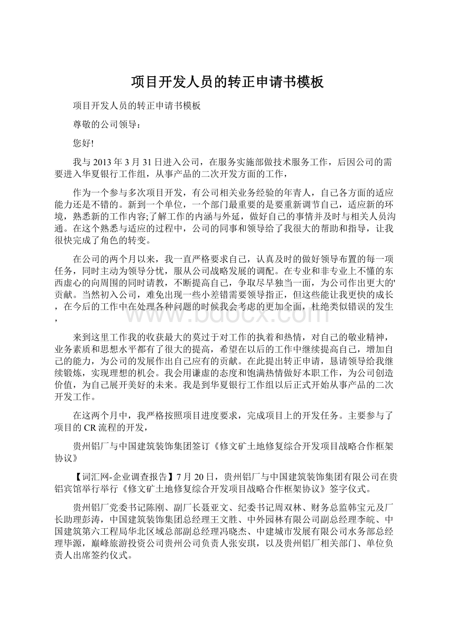 项目开发人员的转正申请书模板Word格式文档下载.docx