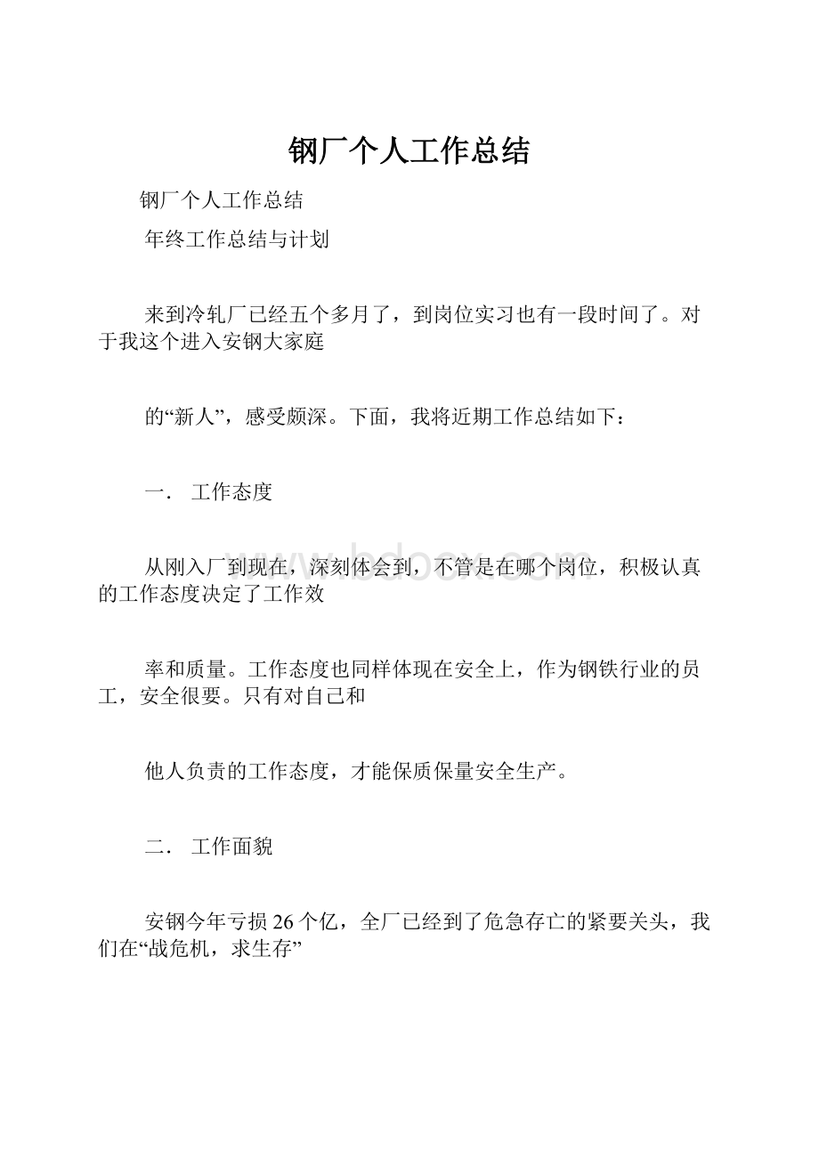 钢厂个人工作总结Word下载.docx