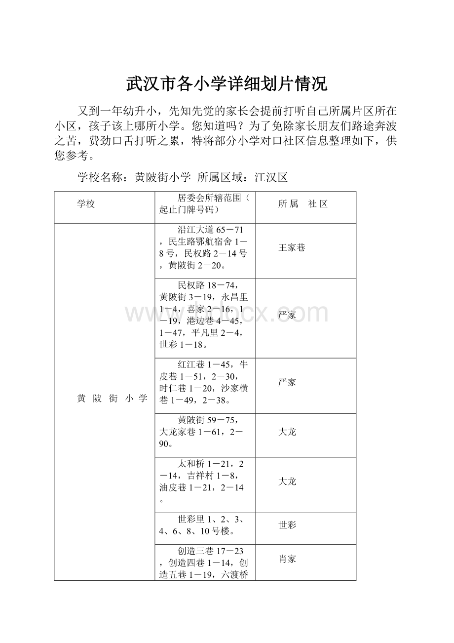 武汉市各小学详细划片情况Word文档格式.docx