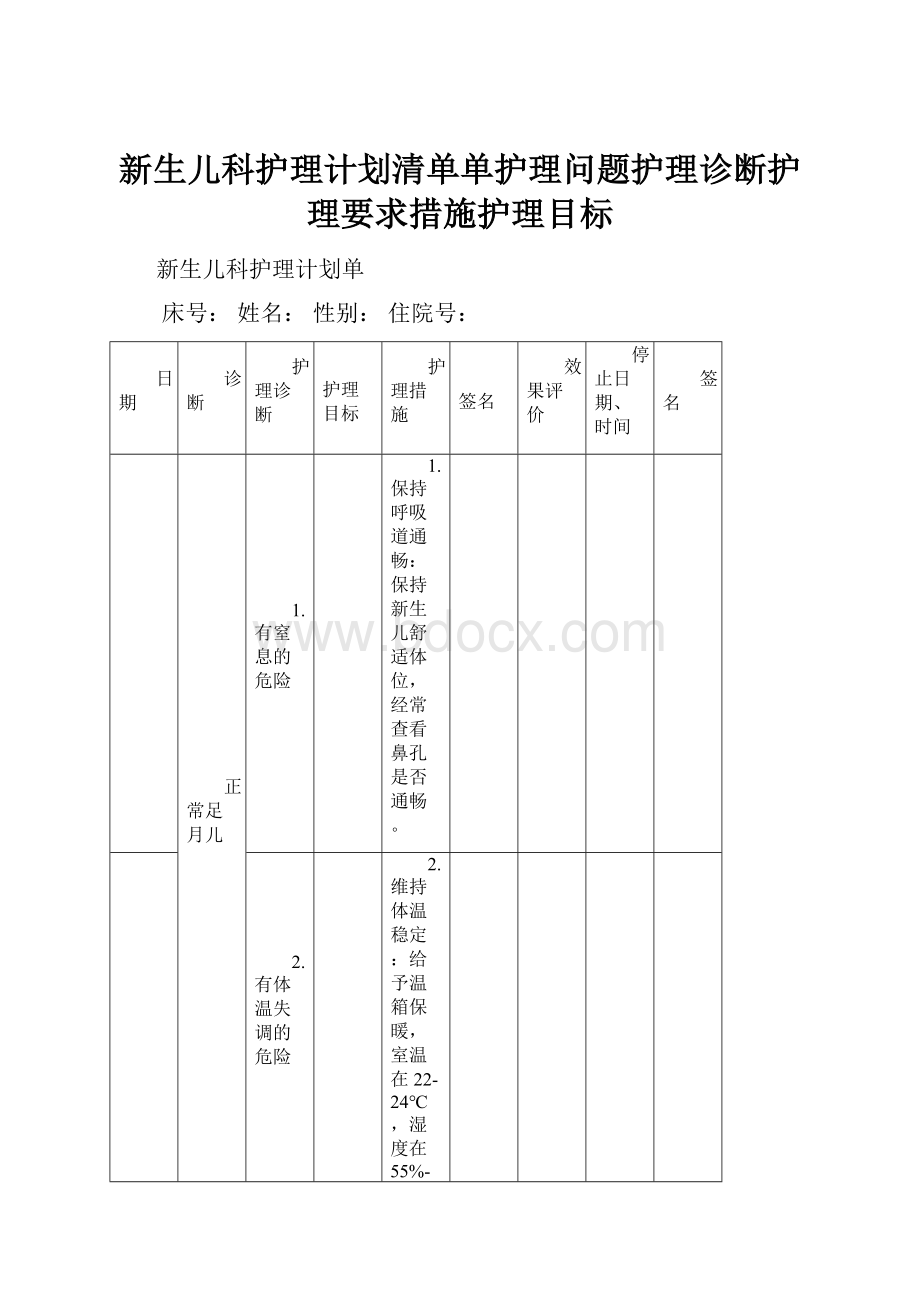 新生儿科护理计划清单单护理问题护理诊断护理要求措施护理目标.docx