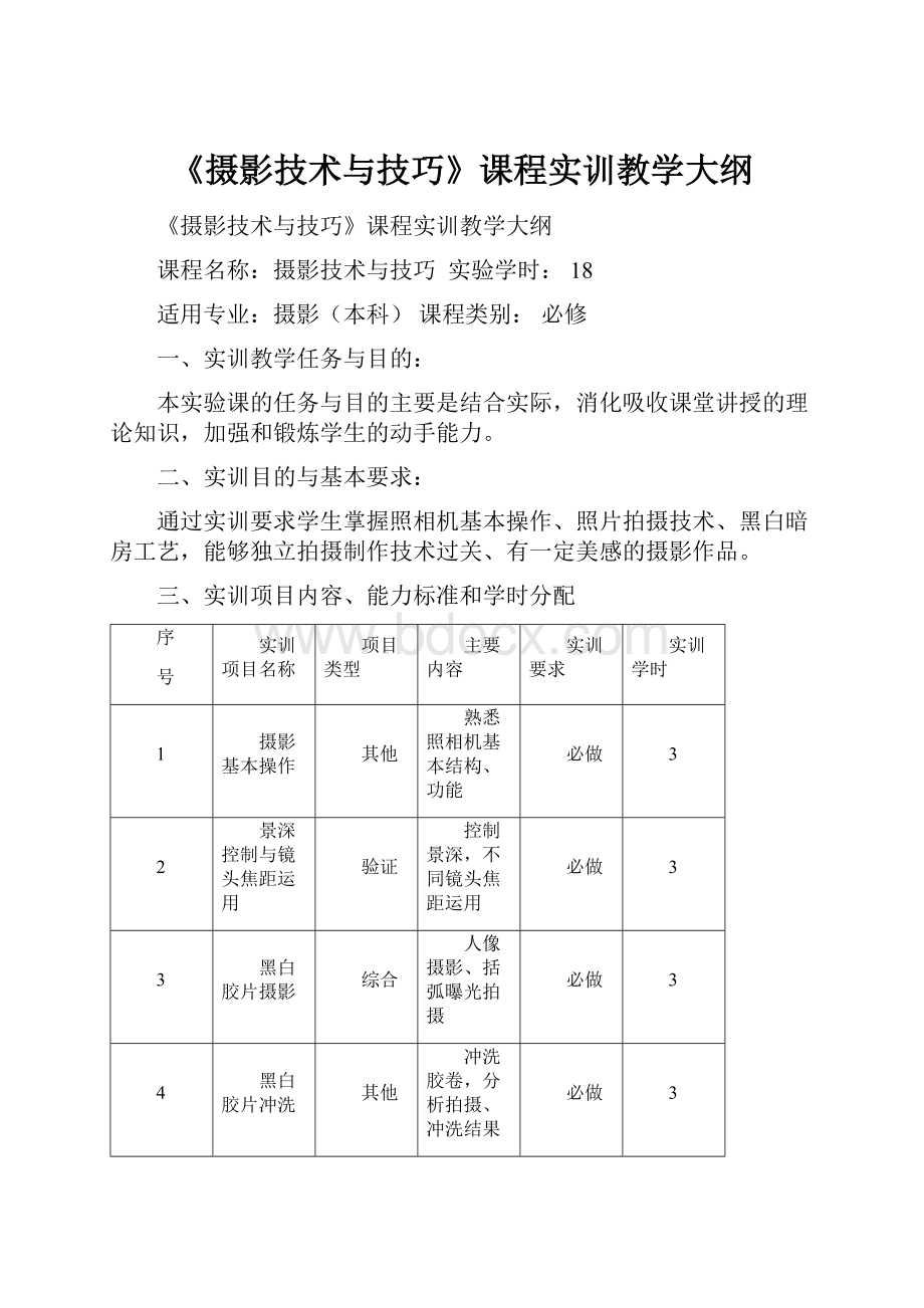 《摄影技术与技巧》课程实训教学大纲Word下载.docx