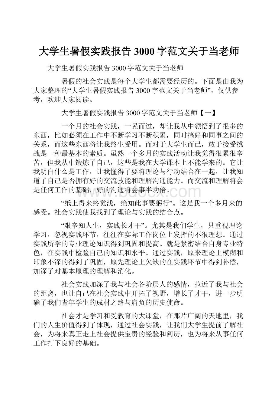 大学生暑假实践报告3000字范文关于当老师Word格式文档下载.docx