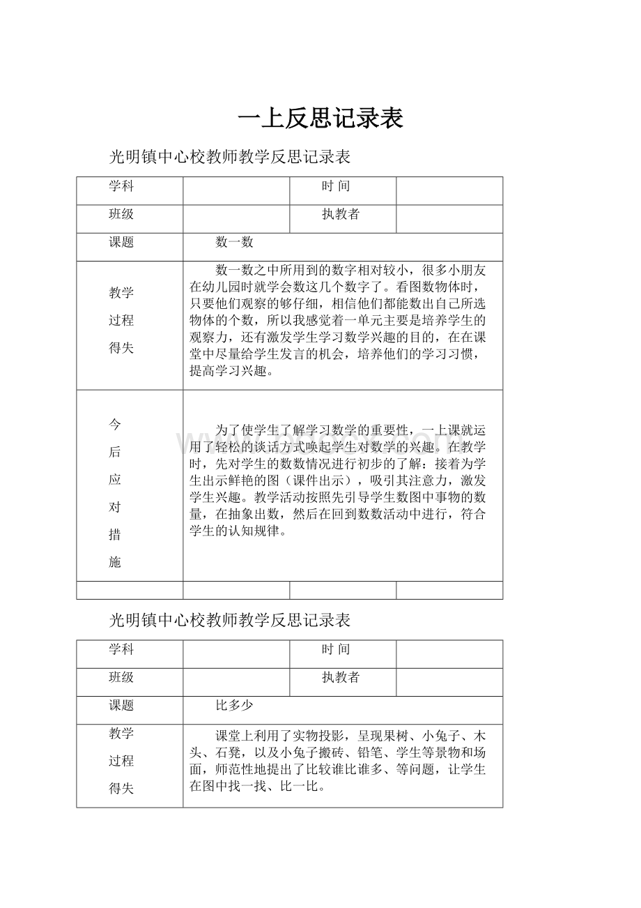 一上反思记录表Word文档格式.docx