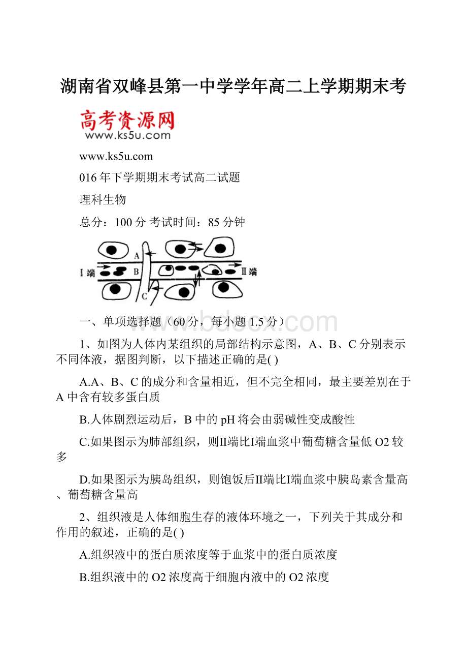 湖南省双峰县第一中学学年高二上学期期末考文档格式.docx_第1页