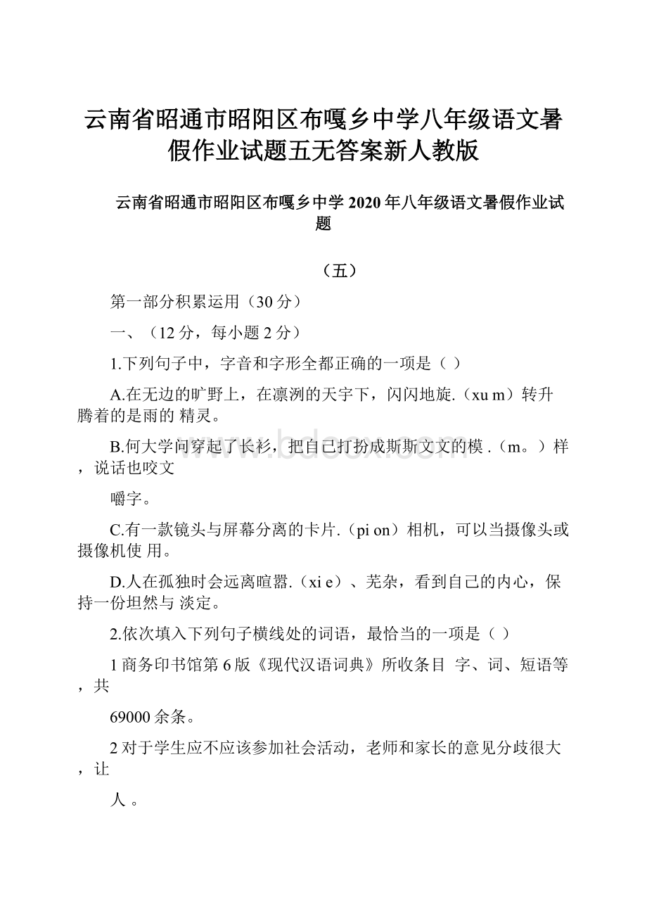 云南省昭通市昭阳区布嘎乡中学八年级语文暑假作业试题五无答案新人教版文档格式.docx