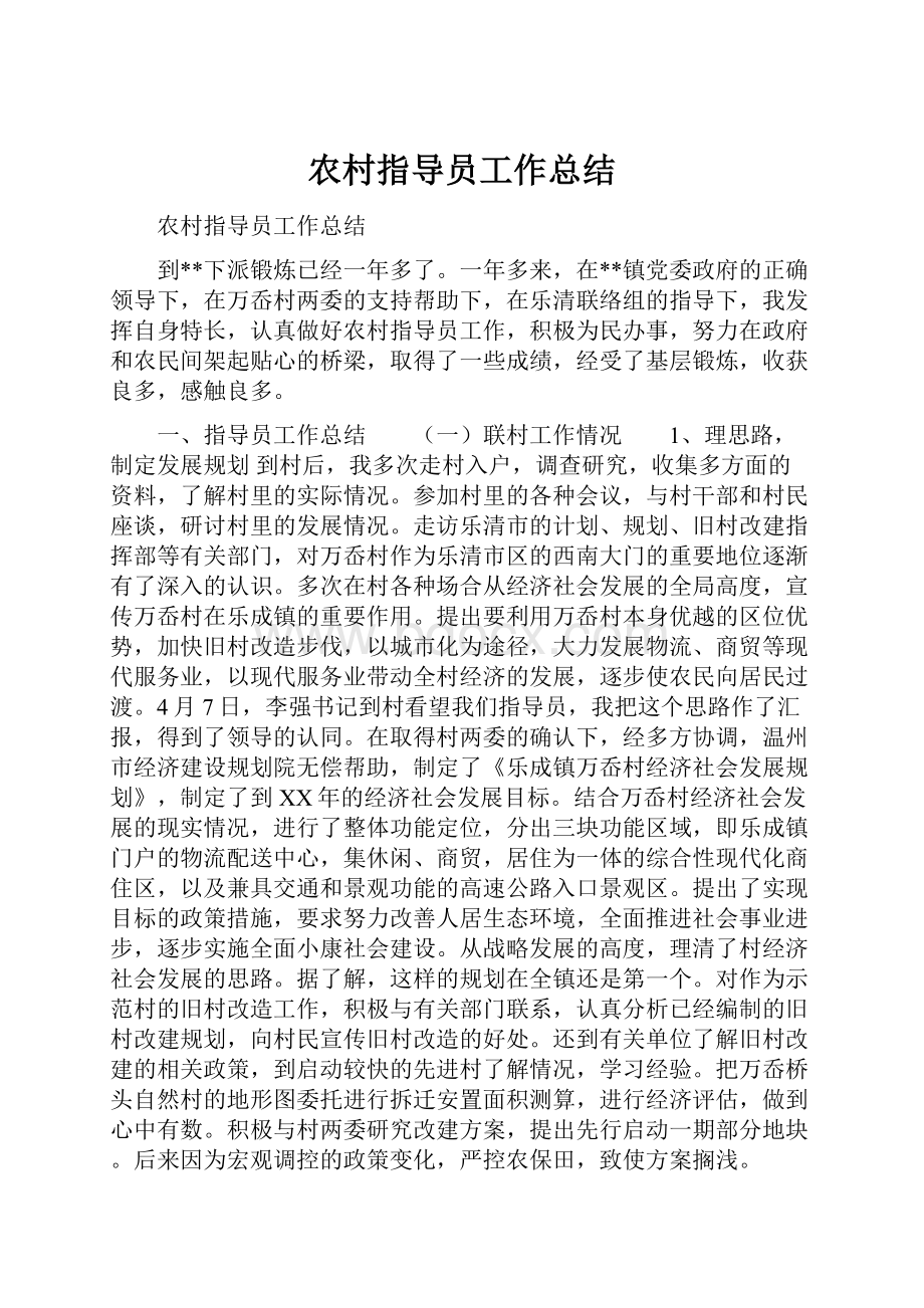 农村指导员工作总结文档格式.docx_第1页