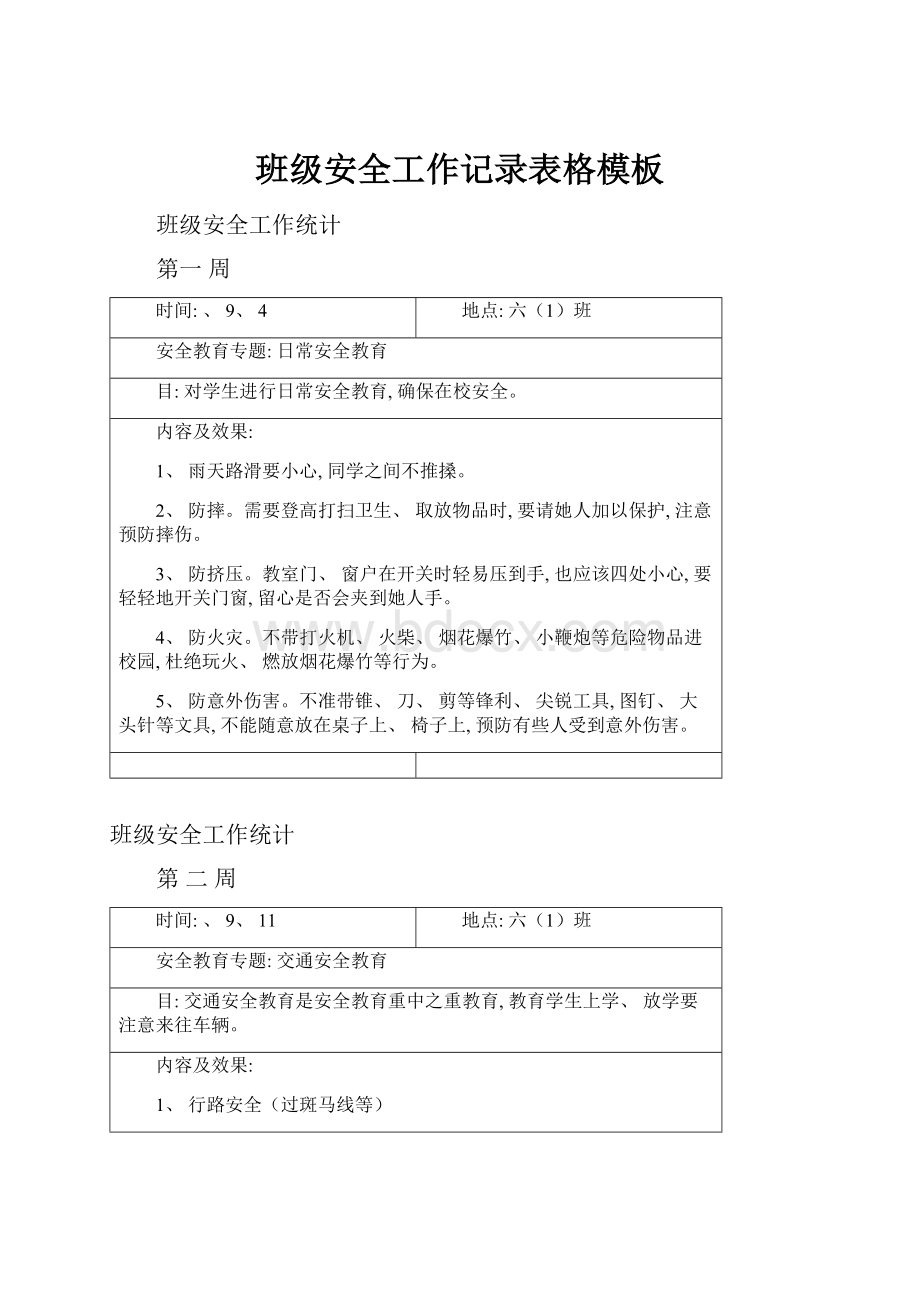 班级安全工作记录表格模板Word格式.docx