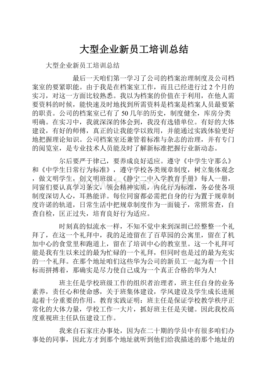 大型企业新员工培训总结Word文档下载推荐.docx