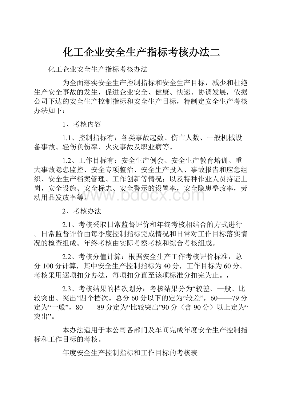 化工企业安全生产指标考核办法二.docx_第1页