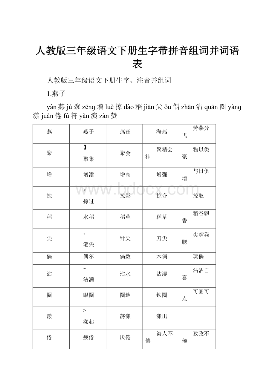 人教版三年级语文下册生字带拼音组词并词语表Word格式.docx