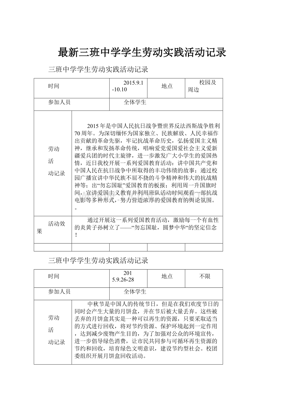 最新三班中学学生劳动实践活动记录.docx