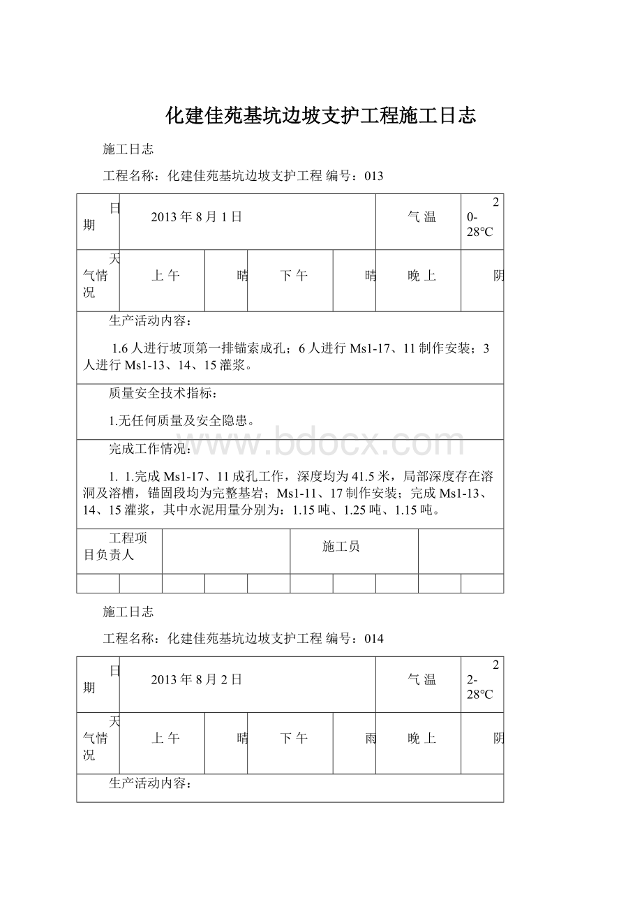 化建佳苑基坑边坡支护工程施工日志Word格式.docx