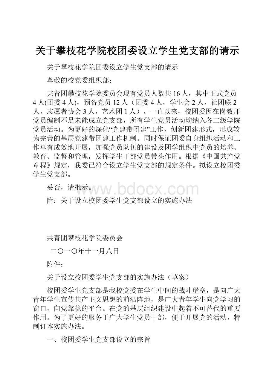 关于攀枝花学院校团委设立学生党支部的请示Word文档格式.docx