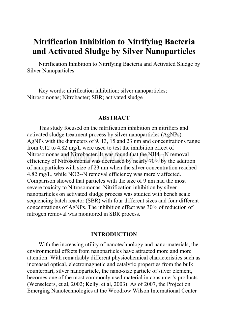 Nitrification Inhibition to Nitrifying Bacteria and Activated Sludge by Silver Nanoparticles.docx