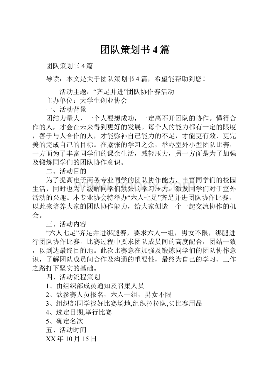 团队策划书4篇Word格式文档下载.docx